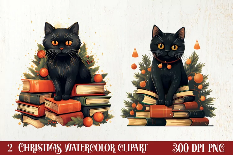 Christmas Cat Books Tree watercolor, Christmas Clipart