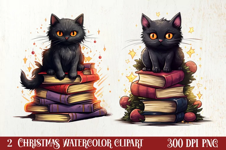 Christmas Cat Books Tree watercolor, Christmas Clipart