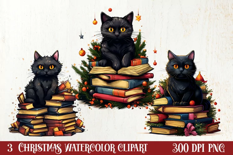 Christmas Cat Books Tree watercolor, Christmas Clipart