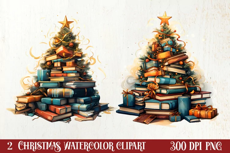 Christmas Cat Books Tree watercolor, Christmas Clipart