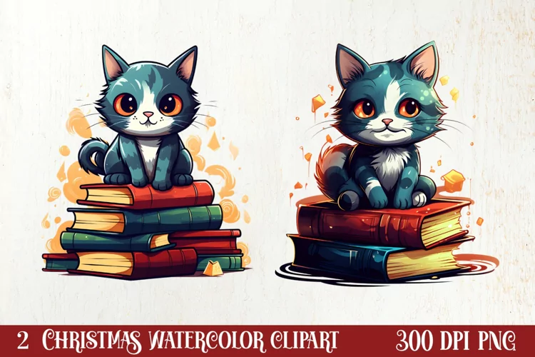 Christmas Cat Books Tree watercolor, Christmas Clipart