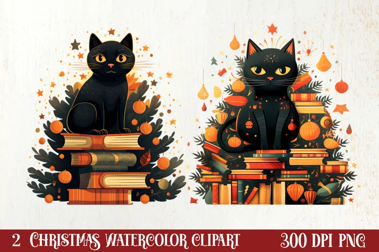 Christmas Cat Books Tree watercolor, Christmas Clipart
