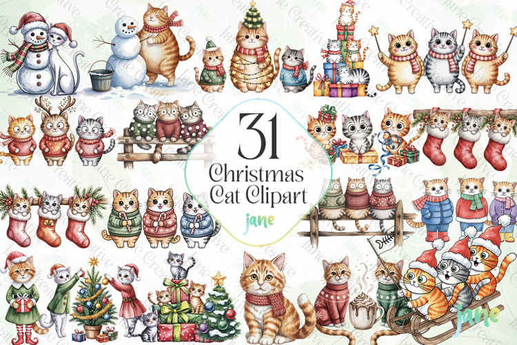 Christmas Cat Clipart Sublimation Bundle