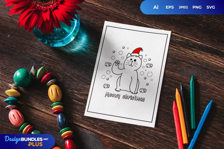 Cat Wearing Santa Hat with Baubles Coloring Page