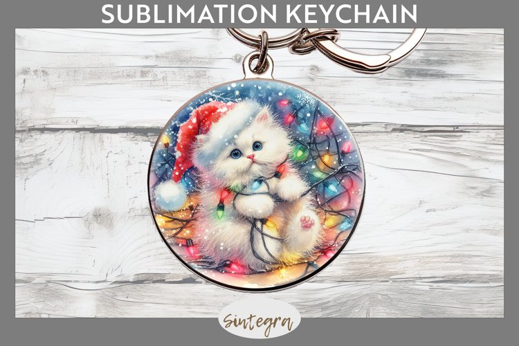 Christmas Cat Entangled in Lights Round Keychain Sublimation