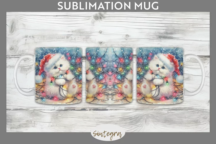Christmas Cat Entangled in Lights Mug Wrap Sublimation