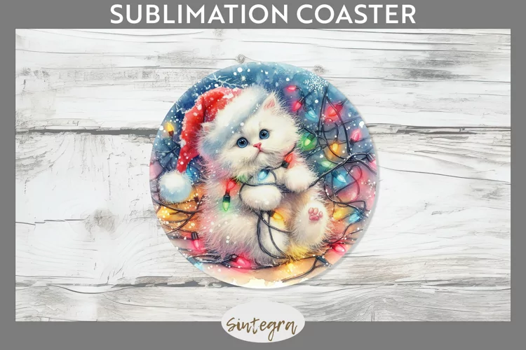 Christmas Cat Entangled in Lights Round Coaster Sublimation