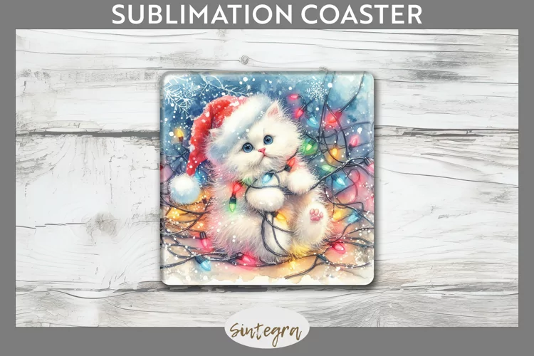 Christmas Cat Entangled in Lights Square Coaster Sublimation