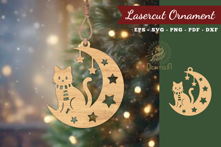 Christmas Cat In Moon Lasercut Ornament SVG
