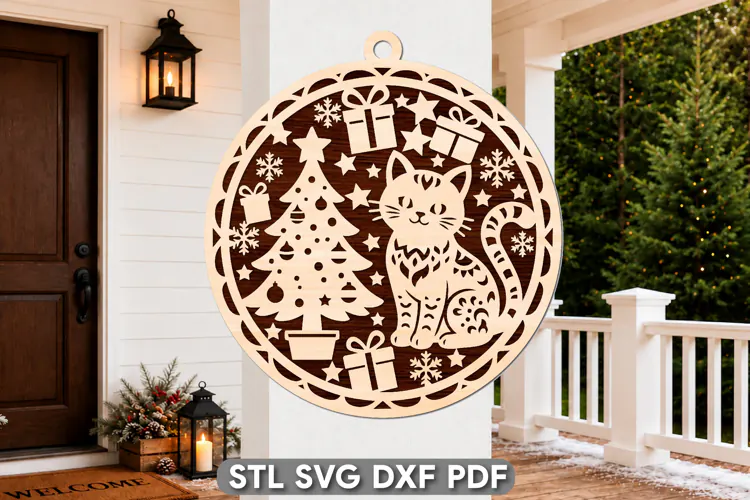 Christmas Cat Ornament Laser Cut SVG