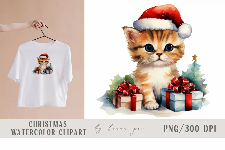 Watercolor Christmas cat with gift boxes clipart- 1 png file