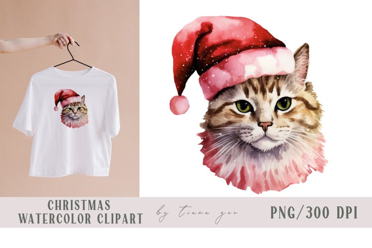Cute watercolor Christmas Santa cat clipart- 1 png file