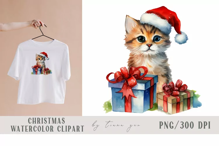 Watercolor Christmas cat with gift boxes clipart- 1 png file