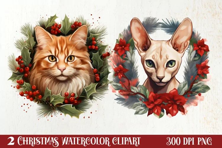 Christmas Cat Wreath Sublimation Clipart, Christmas Cat PNG