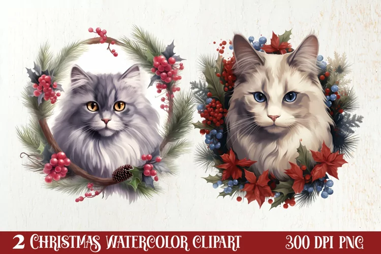 Christmas Cat Wreath Sublimation Clipart, Christmas Cat PNG