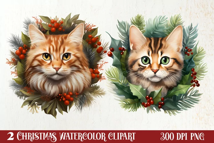 Christmas Cat Wreath Sublimation Clipart, Christmas Cat PNG