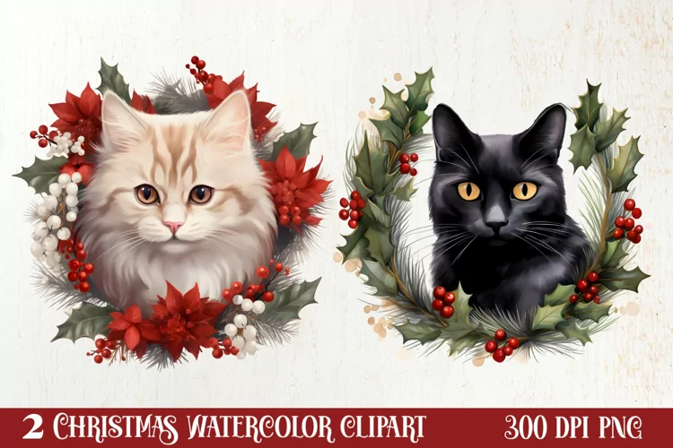 Christmas Cat Wreath Sublimation Clipart, Christmas Cat PNG