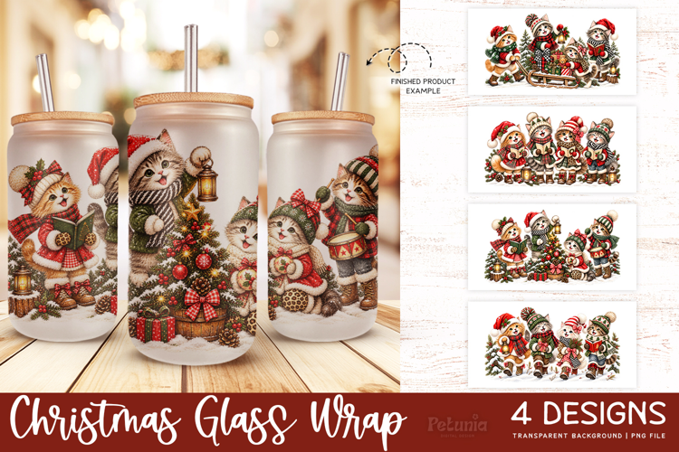 Christmas Cats Glass Can Wrap PNG, 16oz Holiday Cat Cup Wrap