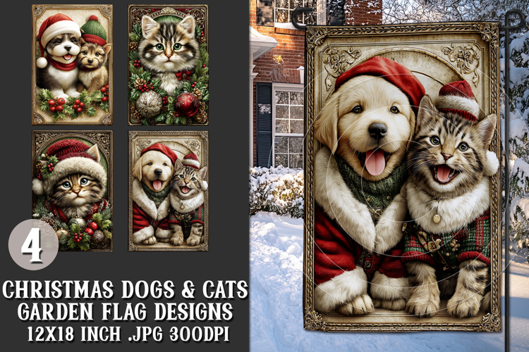 Christmas Garden Flag, Christmas Dog Cat Garden Flags, s1