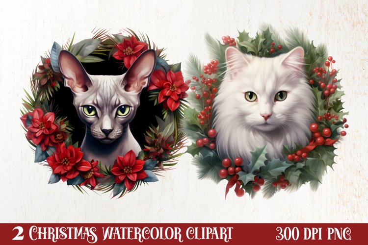 Christmas Cat Wreath Sublimation Clipart, Christmas Cat PNG example image 1