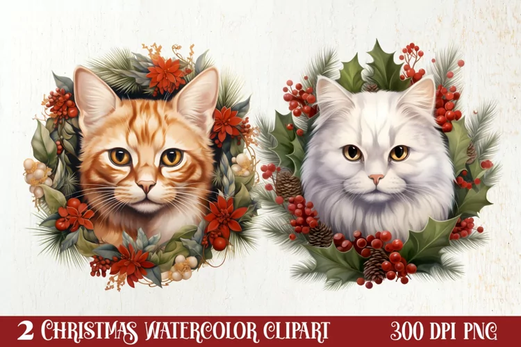 Christmas Cat Wreath Sublimation Clipart, Christmas Cat PNG