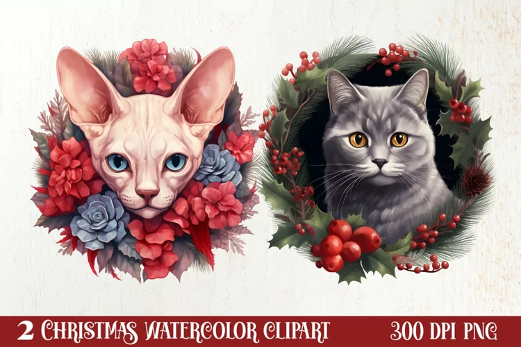 Christmas Cat Wreath Sublimation Clipart, Christmas Cat PNG