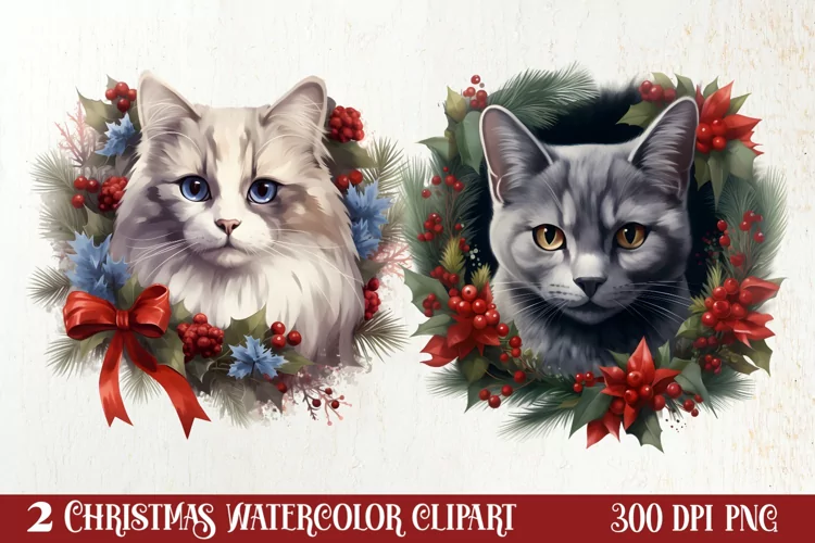 Christmas Cat Wreath Sublimation Clipart, Christmas Cat PNG