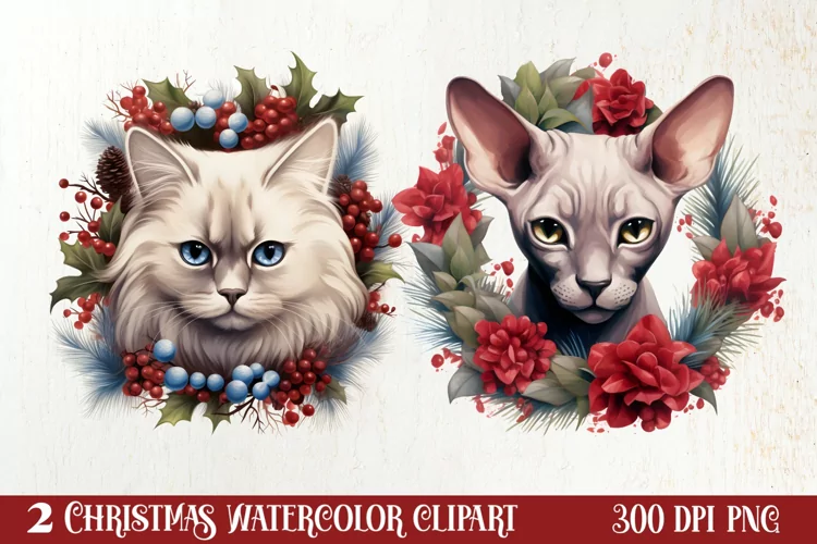 Christmas Cat Wreath Sublimation Clipart, Christmas Cat PNG