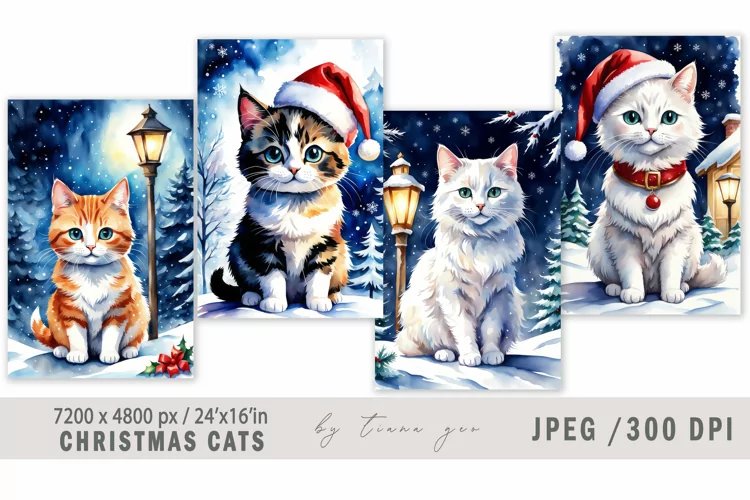 Christmas cat in Santa hat illustrations for posters- 4 Jpeg