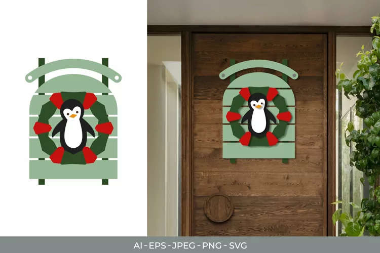Penguin and Wreath on The Board Door Decoration