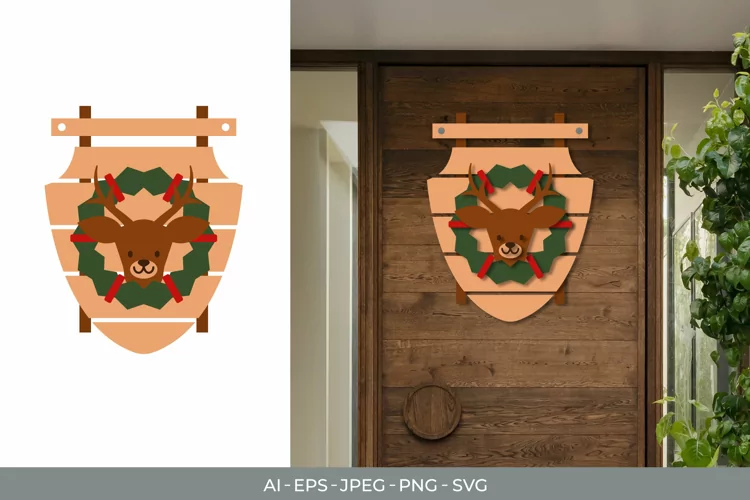 Deer and Wreath on The Board Door Decoration