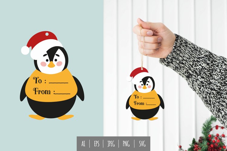Penguin Wearing Santa Hat for Gift Tag