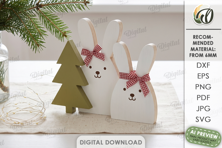 Christmas Bunnies Stand Laser Cut. Christmas Stand Decor SVG