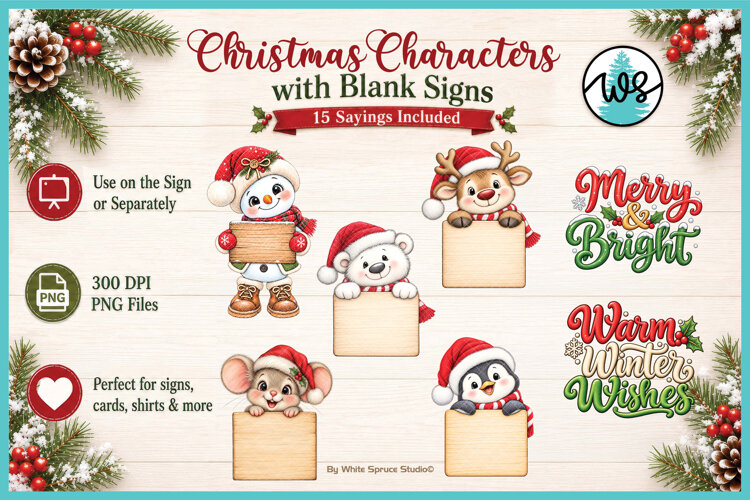 Christmas Characters with Blank Sign & Sayings Clipart PNG example image 1