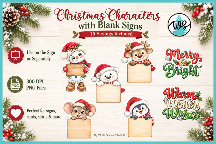 Christmas Characters with Blank Sign & Sayings Clipart PNG
