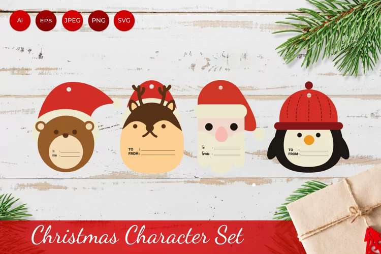 Bear, Deer, Santa Penguin for Christmas Gift Tag Set