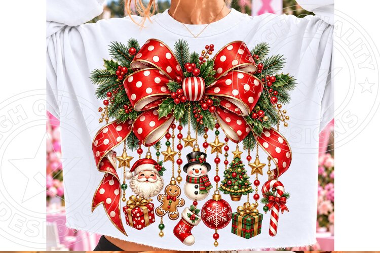 Christmas Charms Bow Red Polka Dot Santa & Snowman PNG example image 1