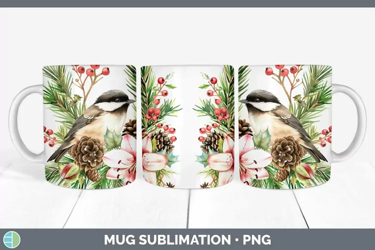 Christmas Chickadee Mug Wrap Sublimation Coffee Cup Designs