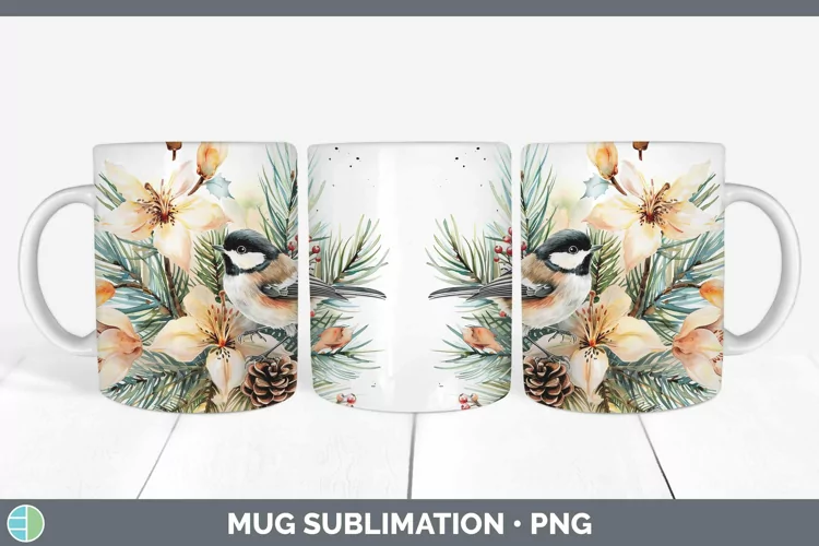 Christmas Chickadee Mug Wrap Sublimation Coffee Cup Designs