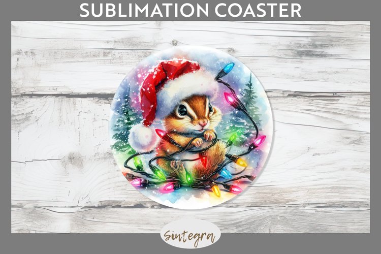 Christmas Chipmunk Entangled in Lights Round Coaster Sublima example image 1