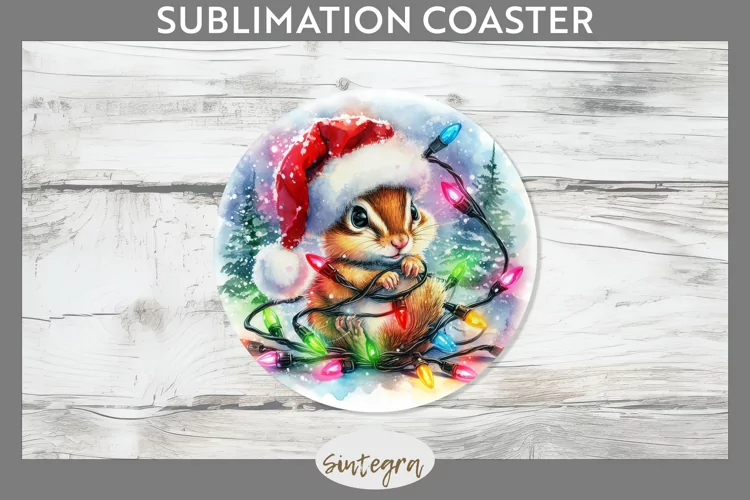 Christmas Chipmunk Entangled in Lights Round Coaster Sublima