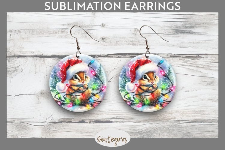 Christmas Chipmunk Entangled in Lights Round Earrings Sublim