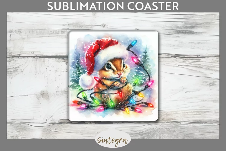 Christmas Chipmunk Entangled in Lights Square Coaster Sublim