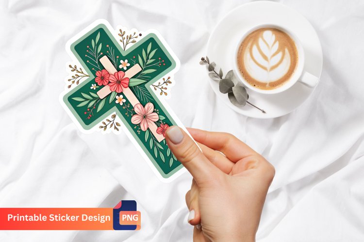 Christmas Christian Cross Flower Sticker, Religious Art