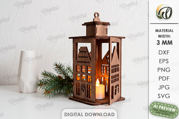 Christmas House Lantern Laser Cut. Candle Holder SVG example image 1