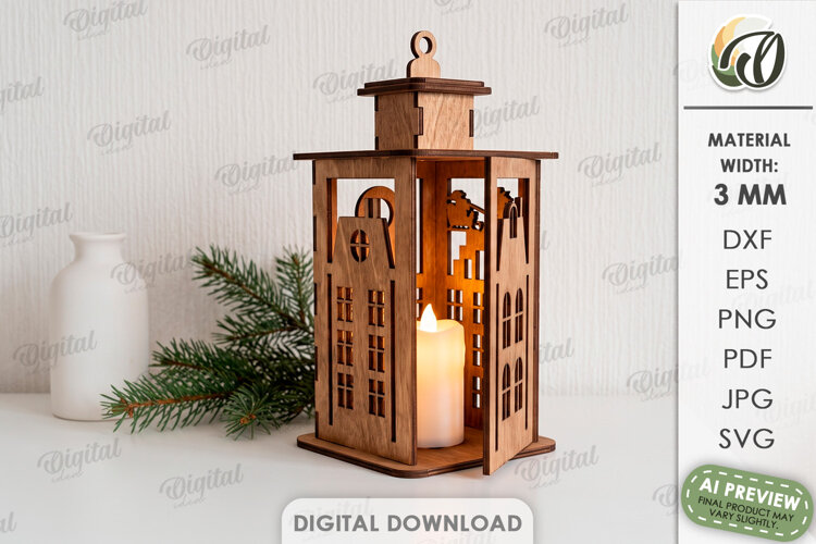 Christmas House Lantern Laser Cut. Candle Holder SVG example image 1