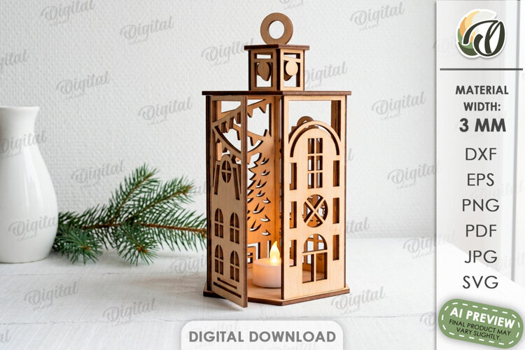 Christmas House Lantern Laser Cut. Candle Holder SVG example image 1