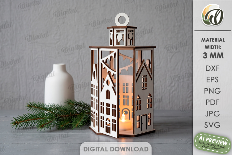 Christmas House Lantern Laser Cut. Candle Holder SVG