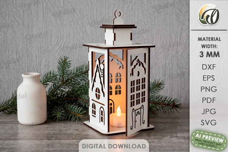 Christmas House Lantern Laser Cut. Candle Holder SVG