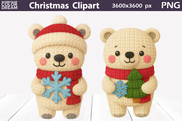 Polar Bear Crochet Clipart | Christmas Cute Animals Knitted